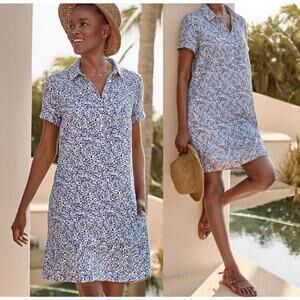 Garnet Hill Linen Relaxed Popover Mini Dress Floral Print Collared Blue White L
